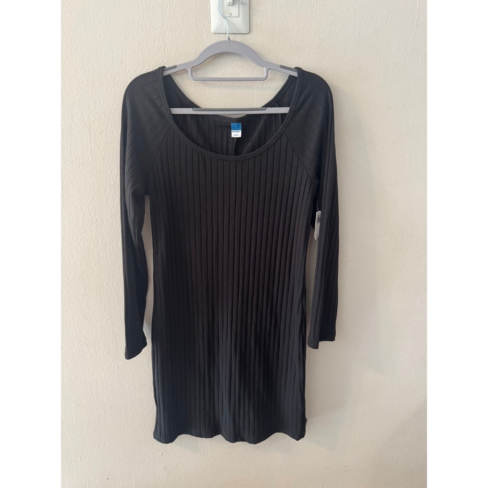 Old Navy Womens Rib-Knit Long Sleeve Scoop Neck Mini Dress Black Large NWT‎